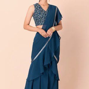 Pre-Stitched Teal Ruffle Saree with Blouse, NWT, Size M